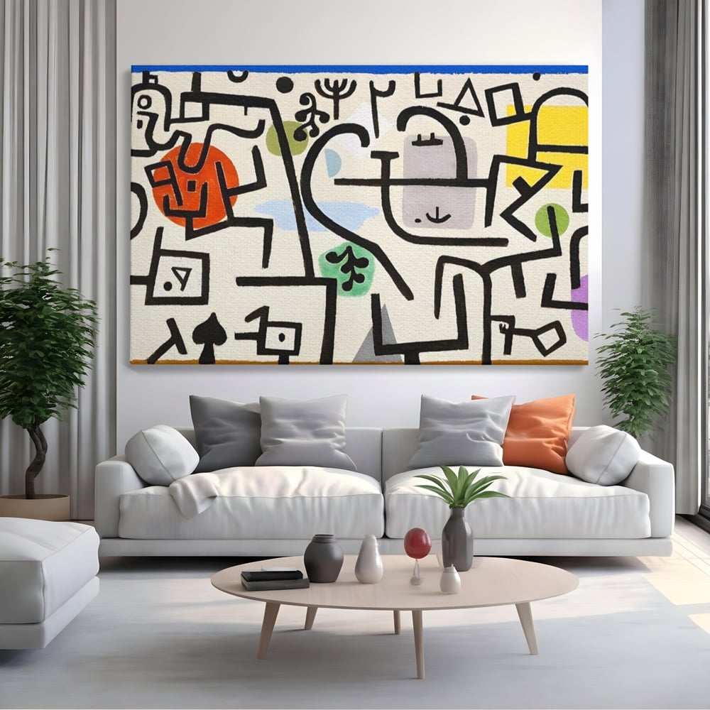 Tablou canvas cu pictura abstracta cu forme negre si pete colorate, fara rama, pe sasiu de lemn, pe perete intr-un living