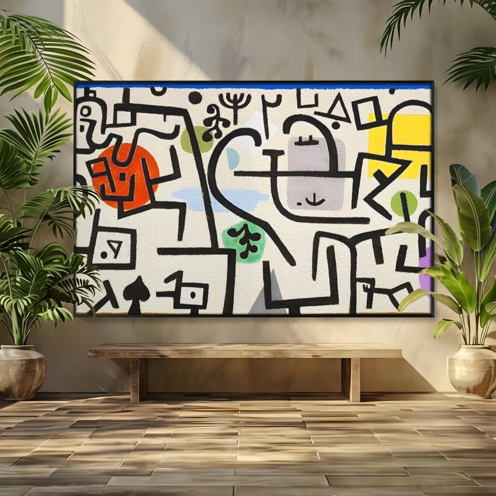 Tablou canvas cu pictura abstracta cu forme negre si pete colorate, in rama de aluminiu negru