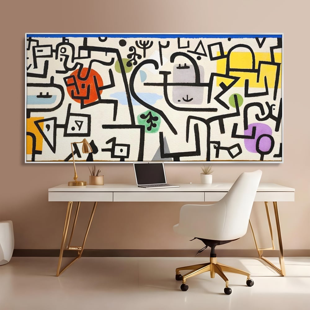 Tablou canvas cu pictura abstracta cu forme negre si pete colorate, in rama de aluminiu argintiu, pe perete intr-un birou