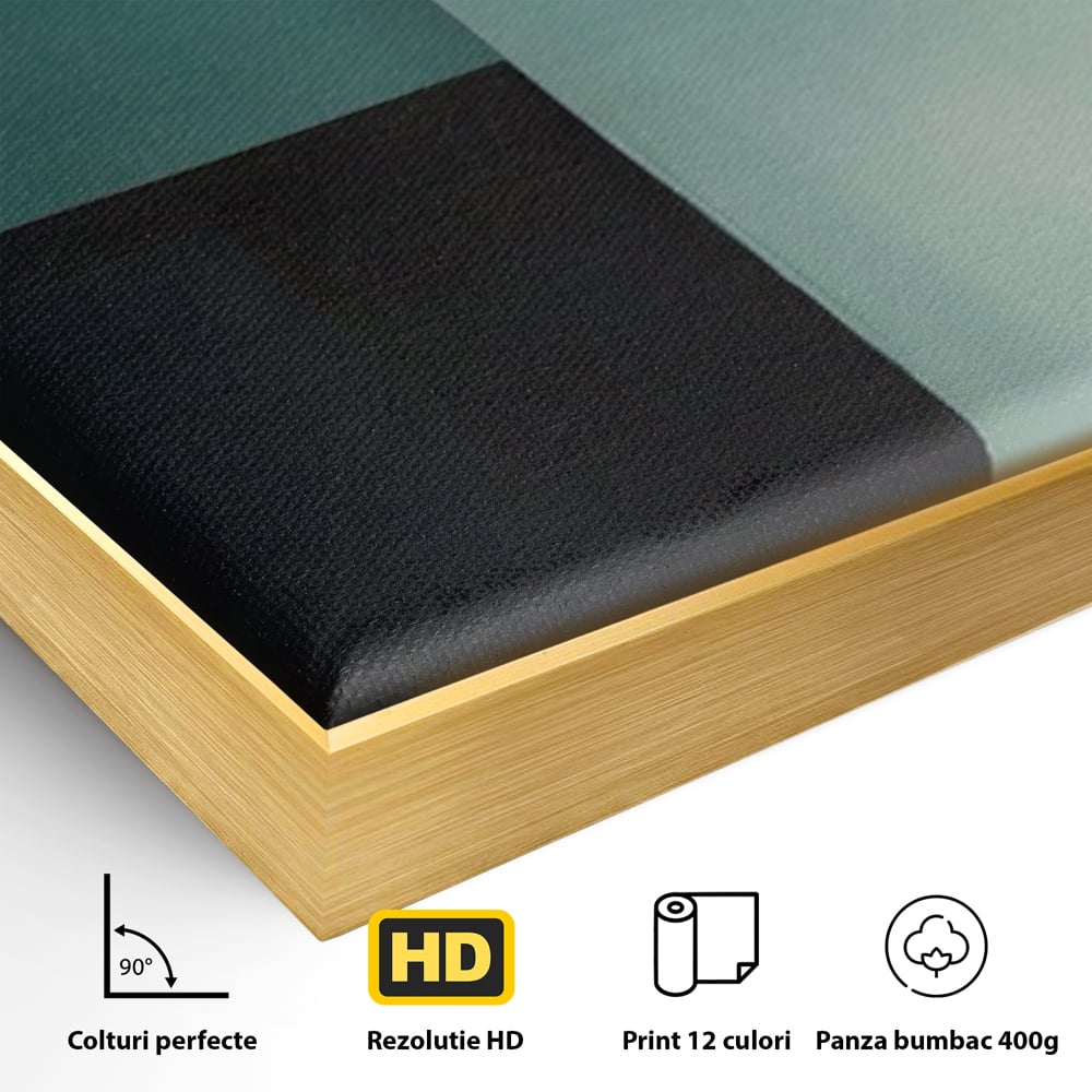 Detaliu al suprafetei: tablou canvas cu forme geometrice, in rama de aluminiu auriu