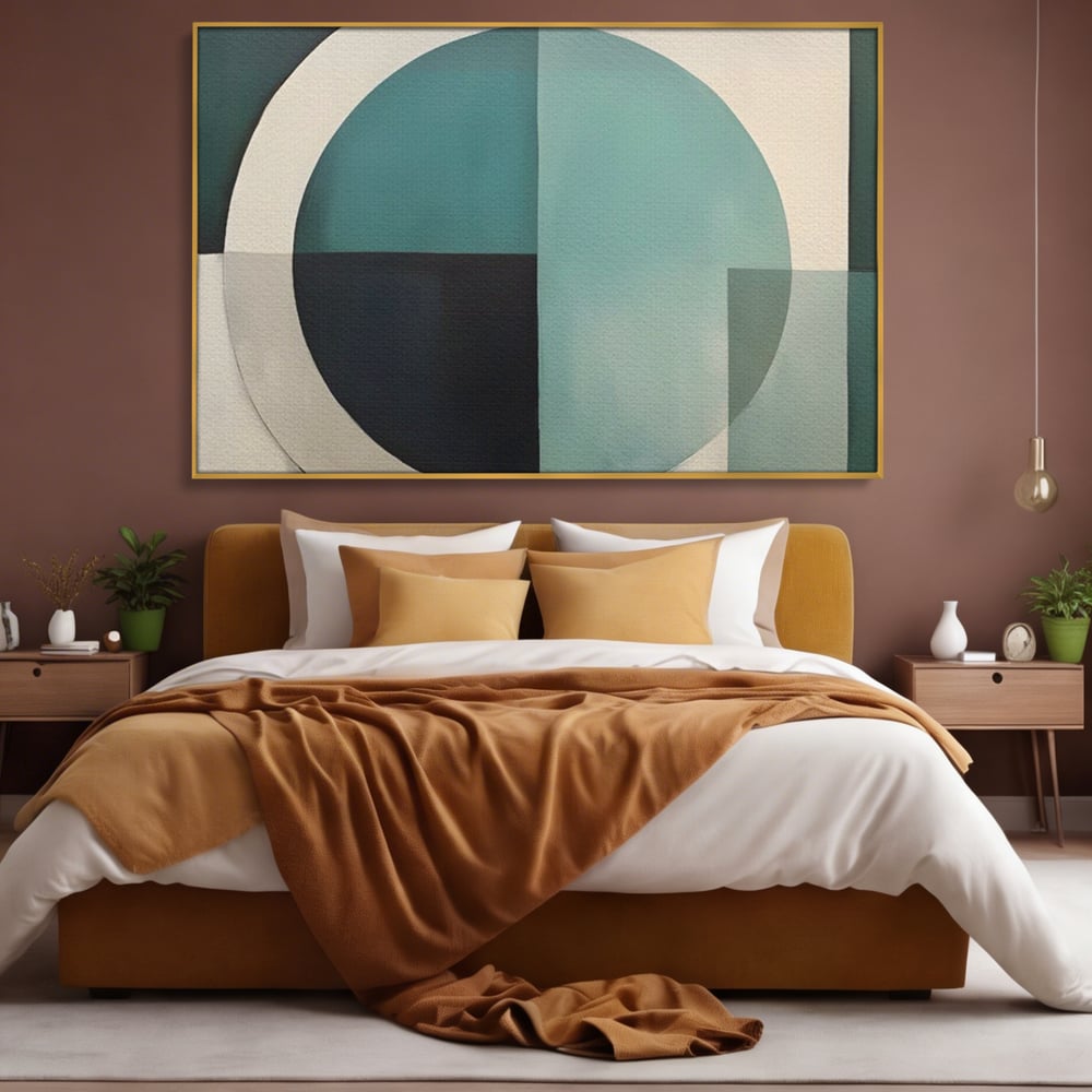 Tablou canvas cu tablou canvas cu forme geometrice, in rama de aluminiu auriu, pe perete intr-un dormitor