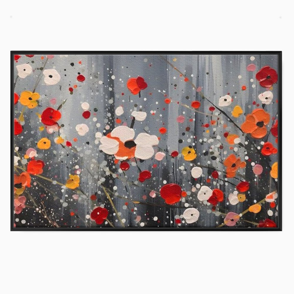 Tablou canvas cu pictura abstracta cu flori si stropi, in rama de aluminiu negru