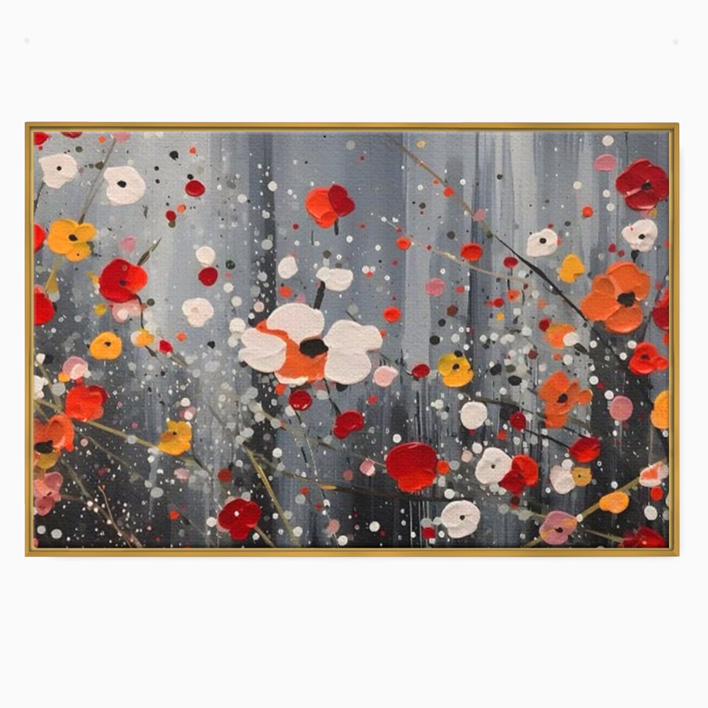 Tablou canvas cu pictura abstracta cu flori si stropi, in rama de aluminiu auriu