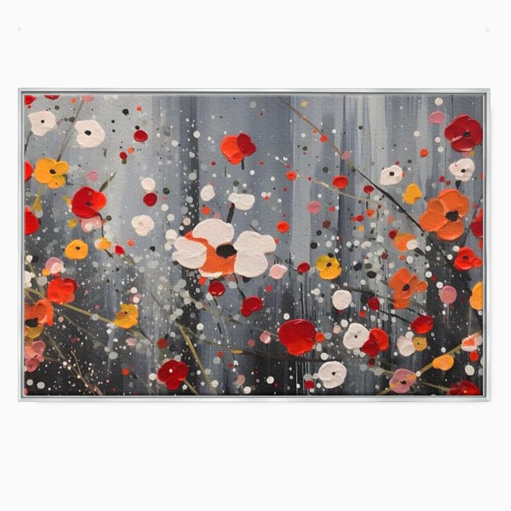 Tablou canvas cu pictura abstracta cu flori si stropi, in rama de aluminiu argintiu