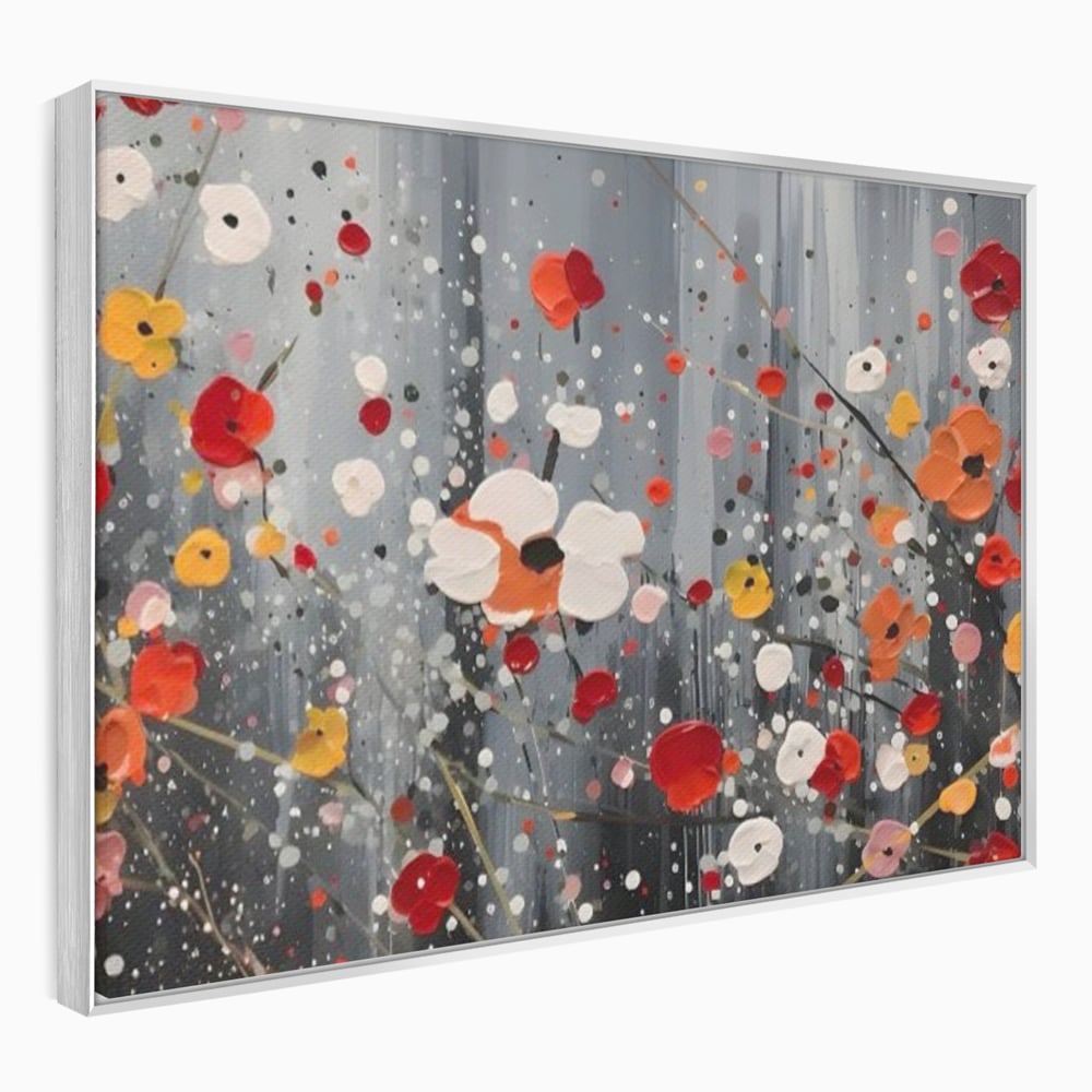Tablou canvas cu pictura abstracta cu flori si stropi, in rama de aluminiu argintiu