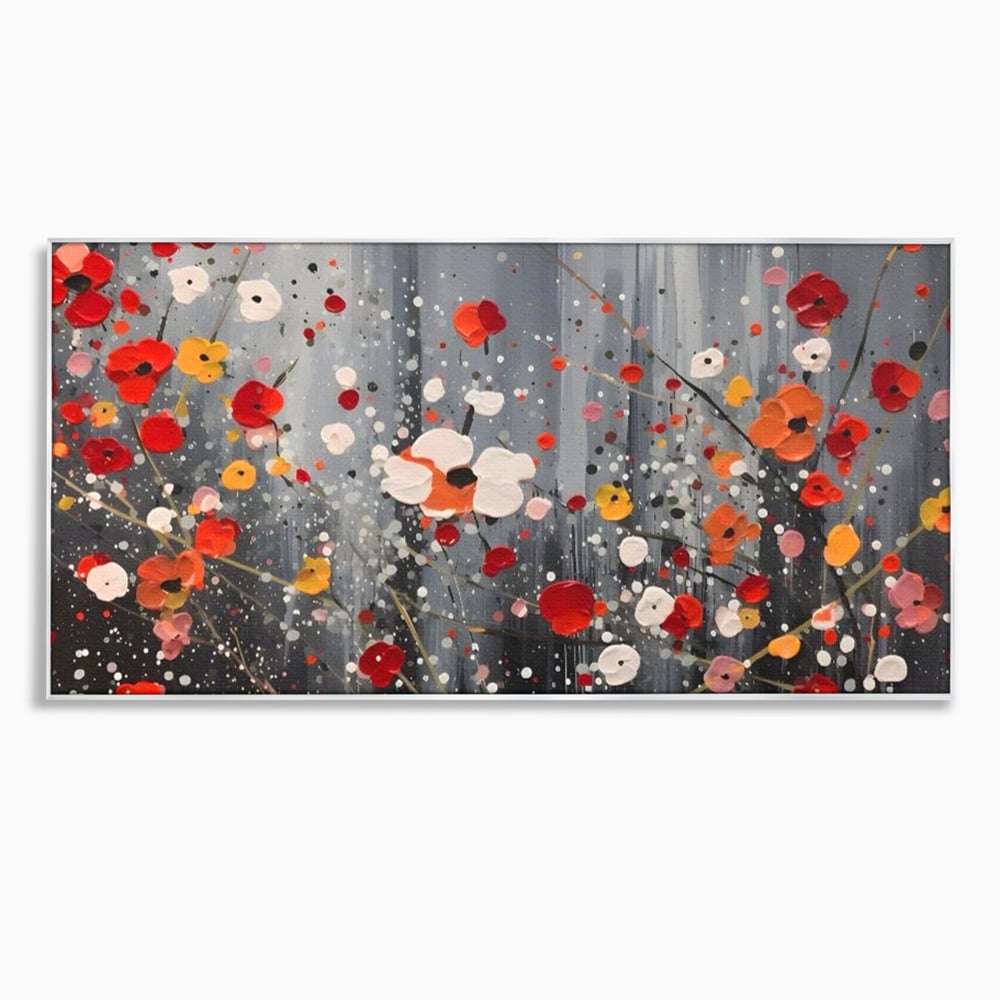 Tablou canvas cu pictura abstracta cu flori si stropi, in rama de aluminiu argintiu