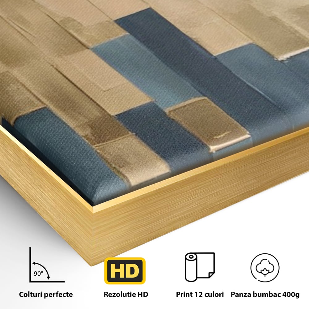 Detaliu al suprafetei: tablou abstract cu benzi verticale aurii si albastre, in rama de aluminiu auriu