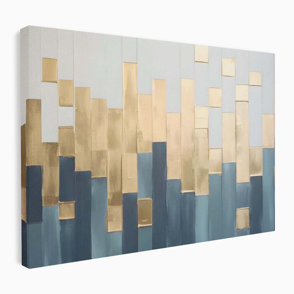 Tablou canvas cu tablou abstract cu benzi verticale aurii si albastre, fara rama, pe sasiu de lemn