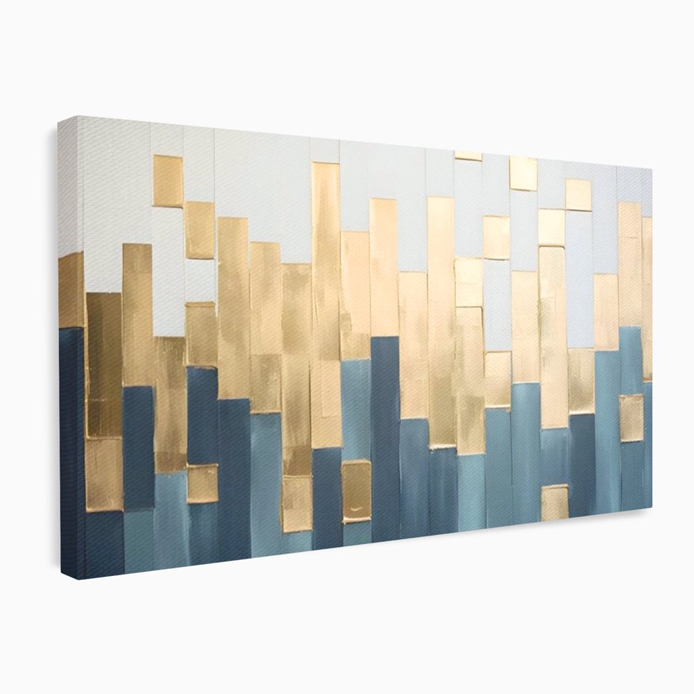 Tablou canvas cu tablou abstract cu benzi verticale aurii si albastre, fara rama, pe sasiu de lemn