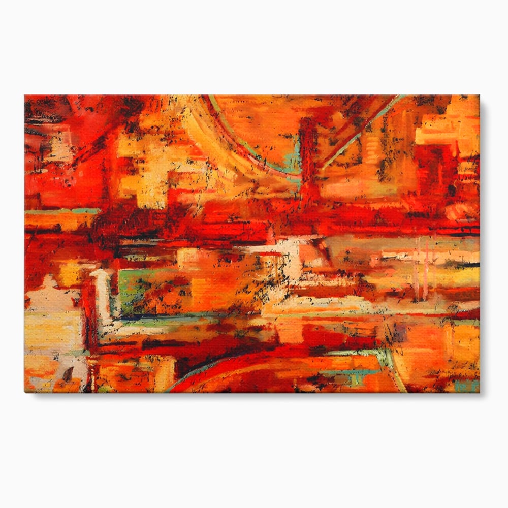 Tablou canvas cu pictura abstracta cu texturi in tonuri de rosu, fara rama, pe sasiu de lemn