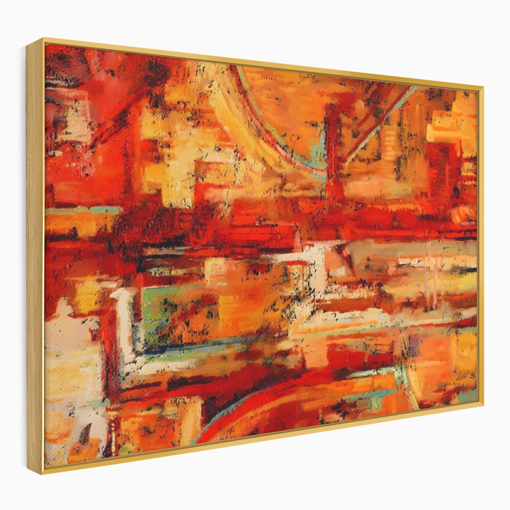 Tablou canvas cu pictura abstracta cu texturi in tonuri de rosu, in rama de aluminiu auriu