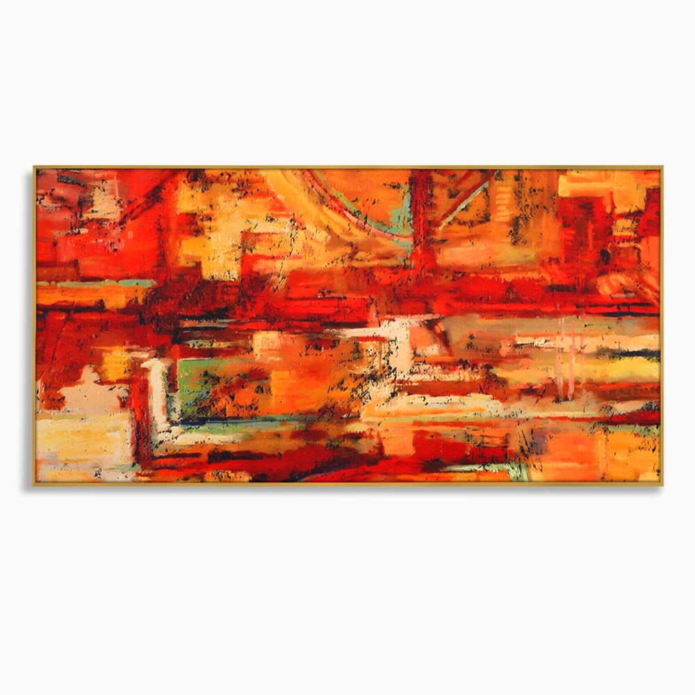 Tablou canvas cu pictura abstracta cu texturi in tonuri de rosu, in rama de aluminiu auriu