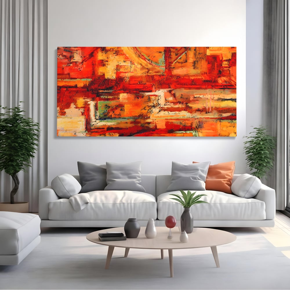 Tablou canvas cu pictura abstracta cu texturi in tonuri de rosu, fara rama, pe sasiu de lemn, pe perete intr-un living