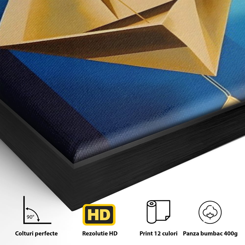 Detaliu al suprafetei: tablou canvas cu amuleta geometrica auriu si albastru, in rama de aluminiu negru
