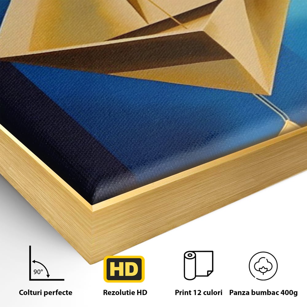 Detaliu al suprafetei: tablou canvas cu amuleta geometrica auriu si albastru, in rama de aluminiu auriu