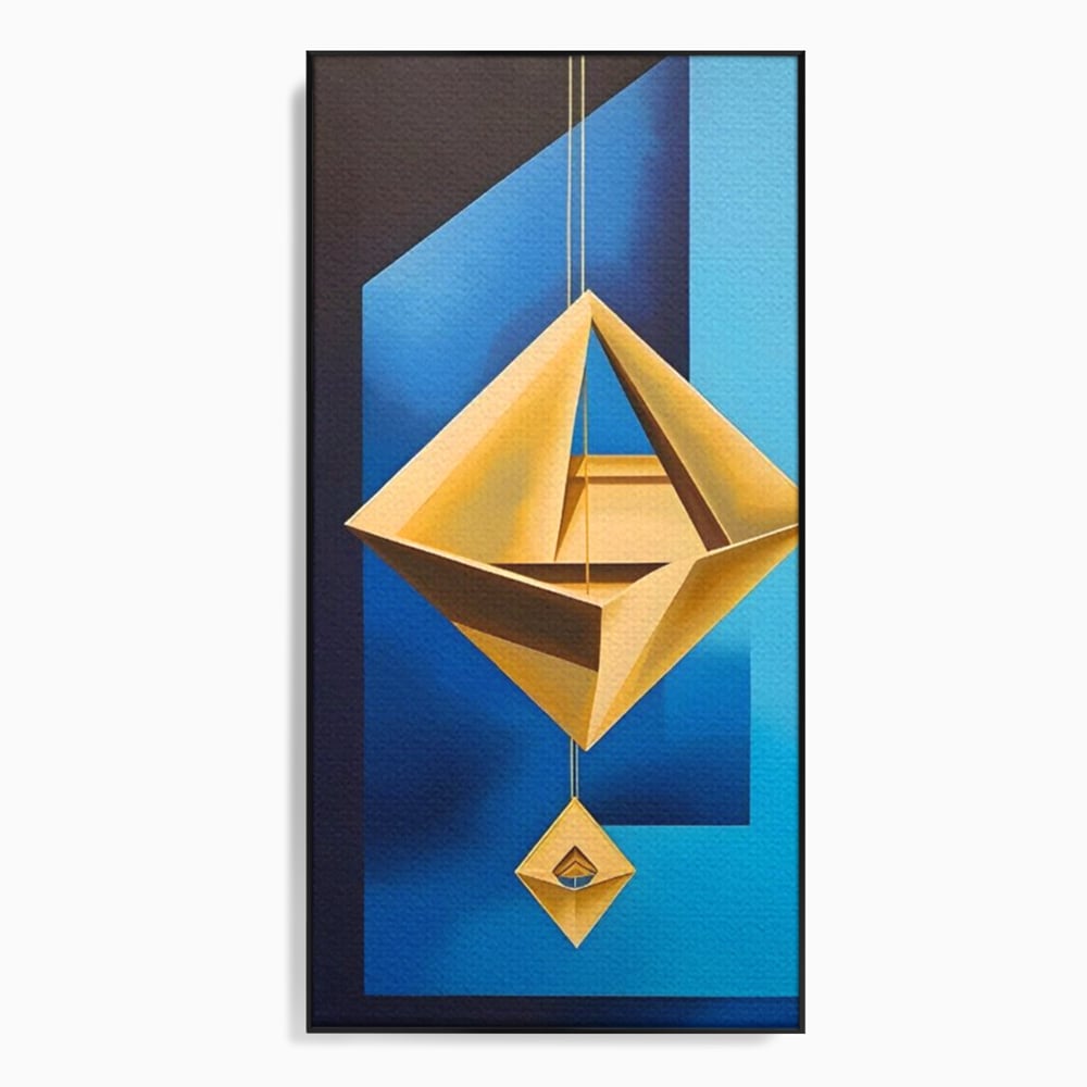 Tablou canvas cu tablou canvas cu amuleta geometrica auriu si albastru, in rama de aluminiu negru