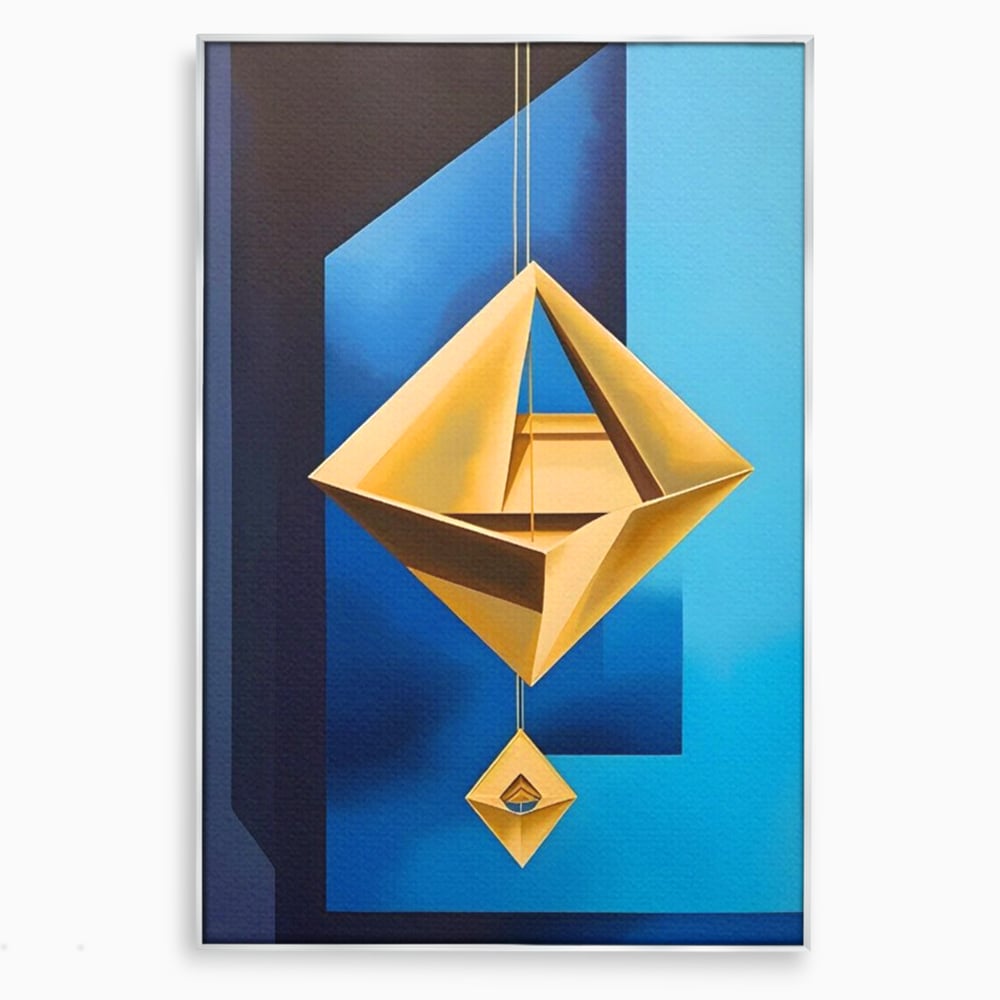 Tablou canvas cu tablou canvas cu amuleta geometrica auriu si albastru, in rama de aluminiu argintiu