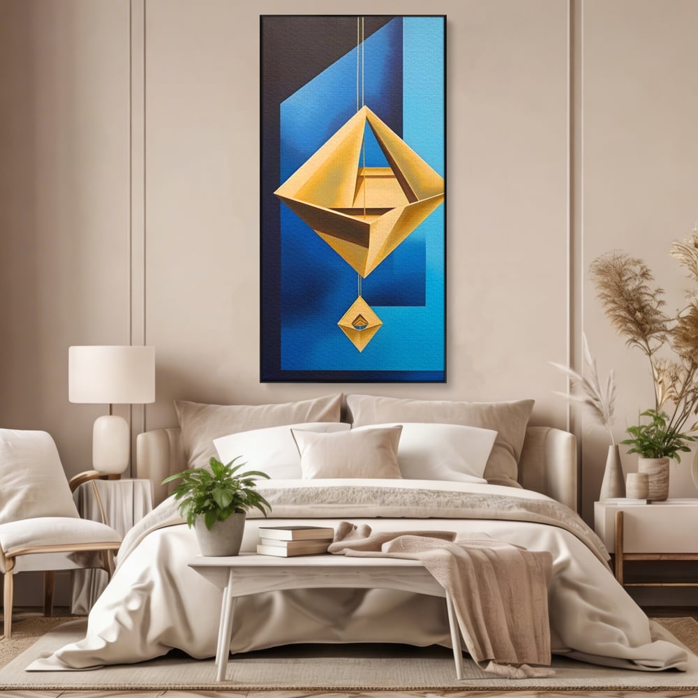 Tablou canvas cu tablou canvas cu amuleta geometrica auriu si albastru, in rama de aluminiu negru, pe perete intr-un dormitor