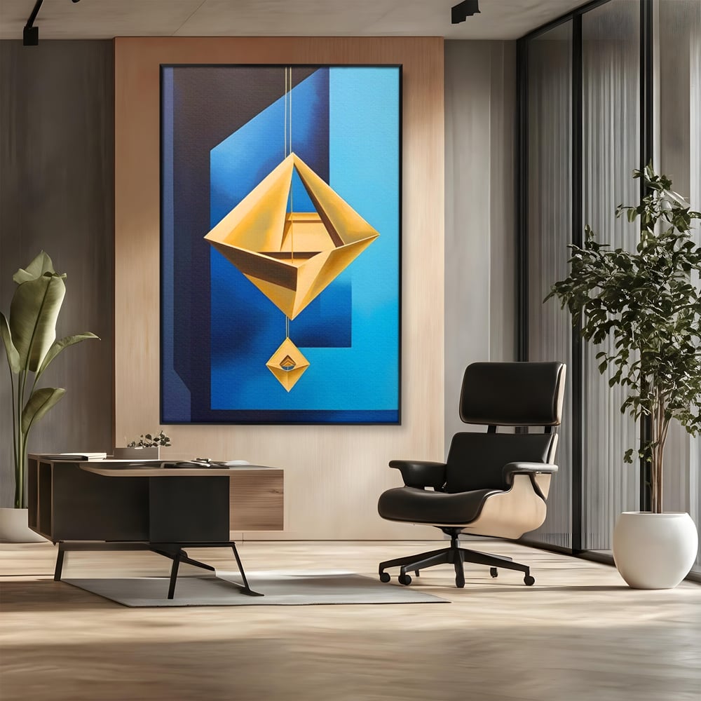 Tablou canvas cu tablou canvas cu amuleta geometrica auriu si albastru, in rama de aluminiu negru, pe perete intr-un birou