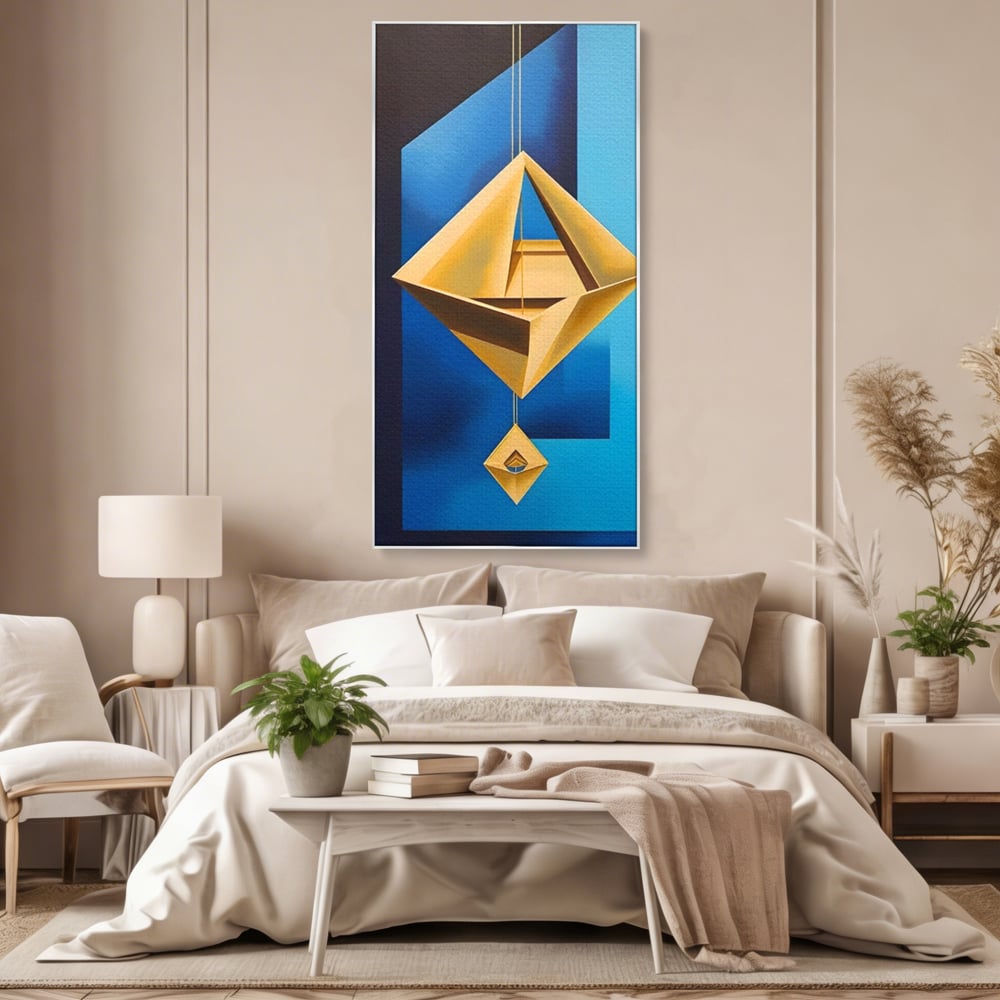 Tablou canvas cu tablou canvas cu amuleta geometrica auriu si albastru, in rama de aluminiu argintiu, pe perete intr-un dormitor
