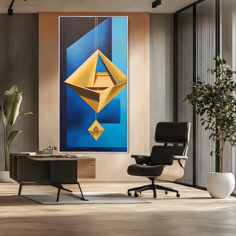 Tablou canvas cu tablou canvas cu amuleta geometrica auriu si albastru, in rama de aluminiu argintiu, pe perete intr-un birou