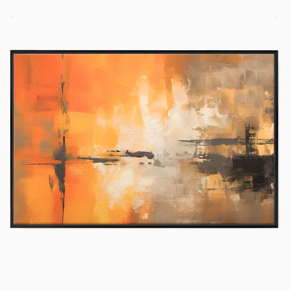 Tablou canvas cu pictura abstracta cu forme portocalii si negre, in rama de aluminiu negru
