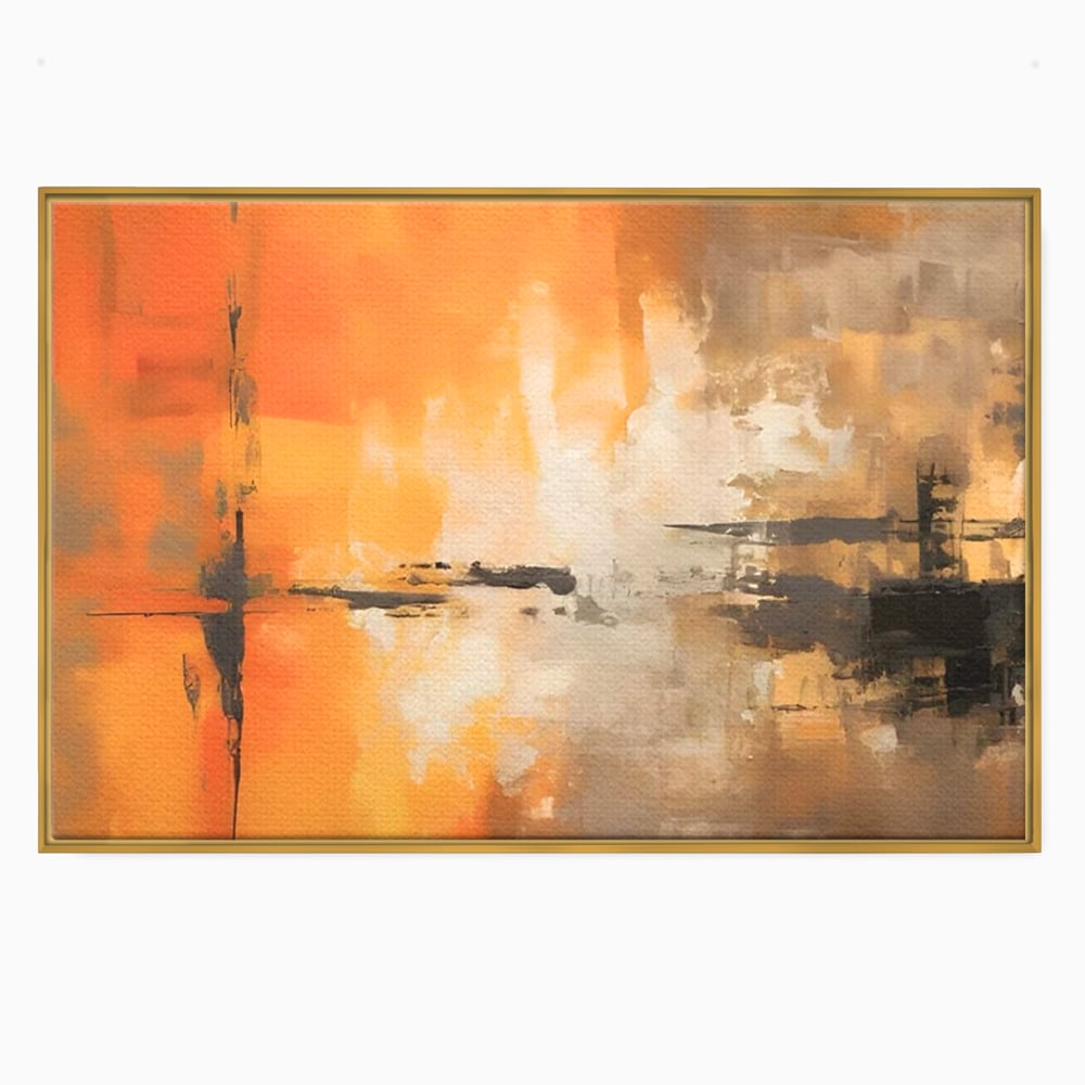 Tablou canvas cu pictura abstracta cu forme portocalii si negre, in rama de aluminiu auriu