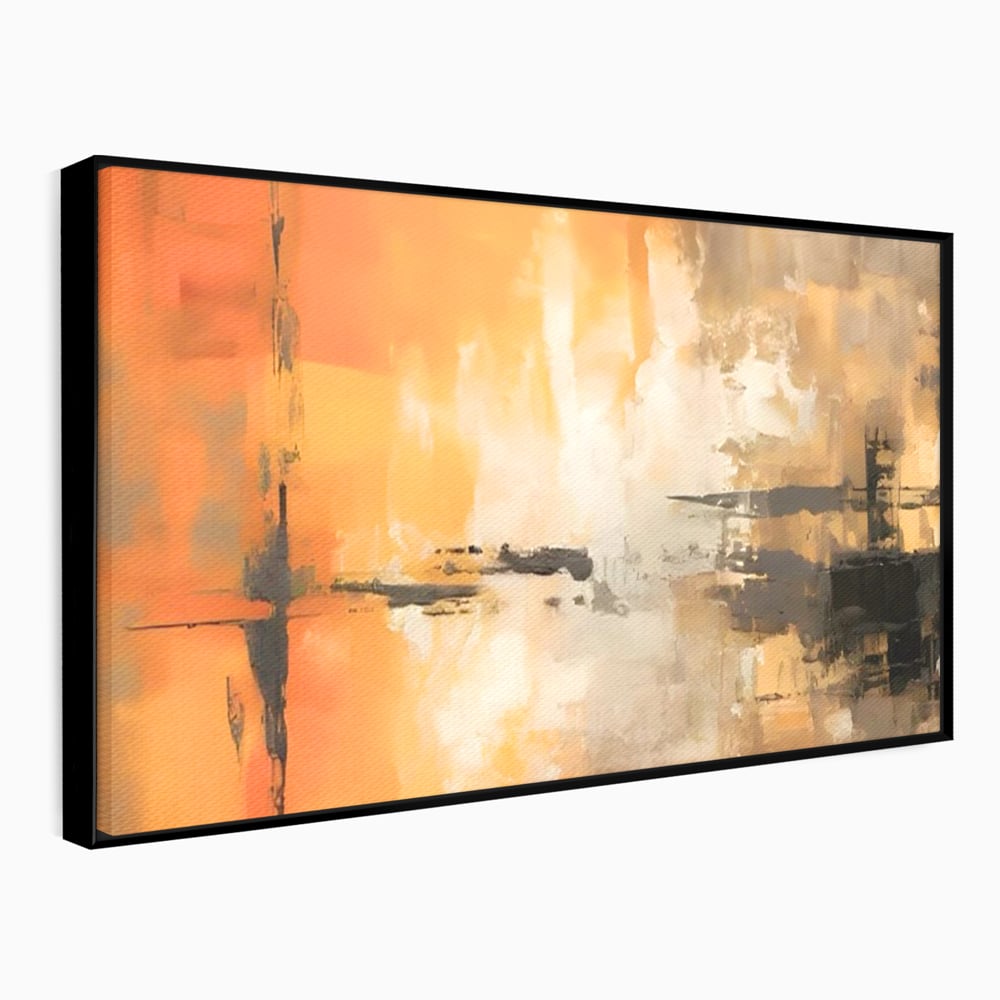 Tablou canvas cu pictura abstracta cu forme portocalii si negre, in rama de aluminiu negru