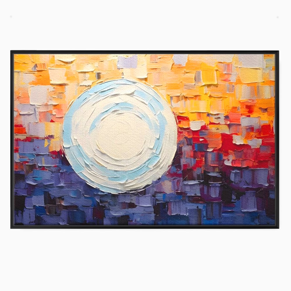 Tablou canvas cu tablou pictat cu sfera alba centrala, in rama de aluminiu negru