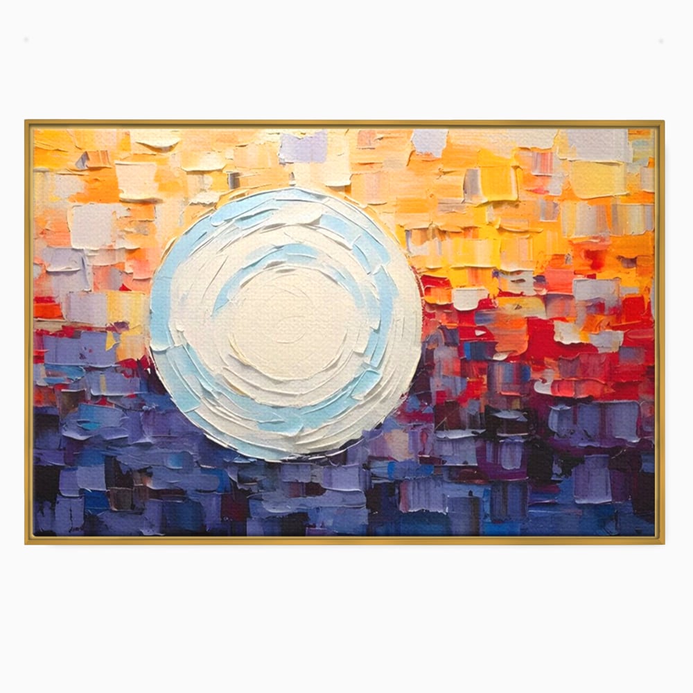 Tablou canvas cu tablou pictat cu sfera alba centrala, in rama de aluminiu auriu