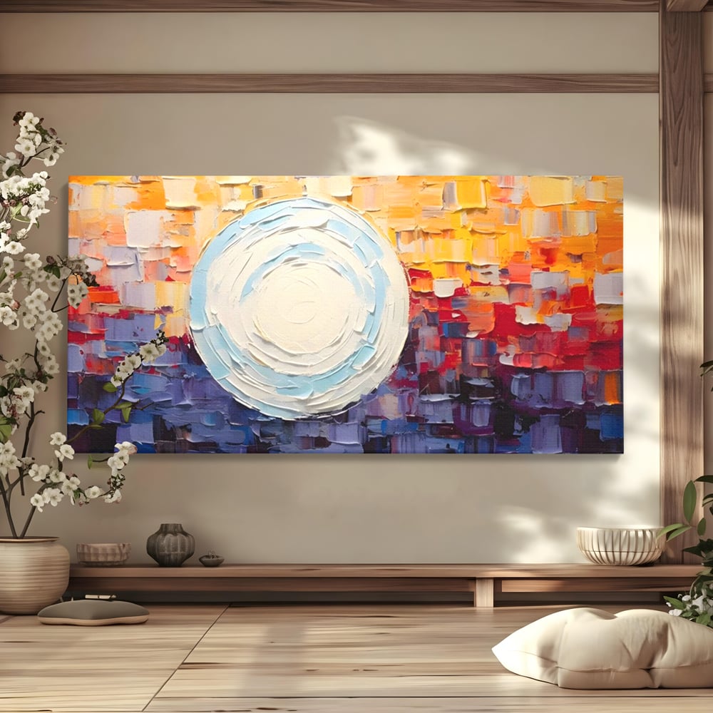Tablou canvas cu tablou pictat cu sfera alba centrala, fara rama, pe sasiu de lemn