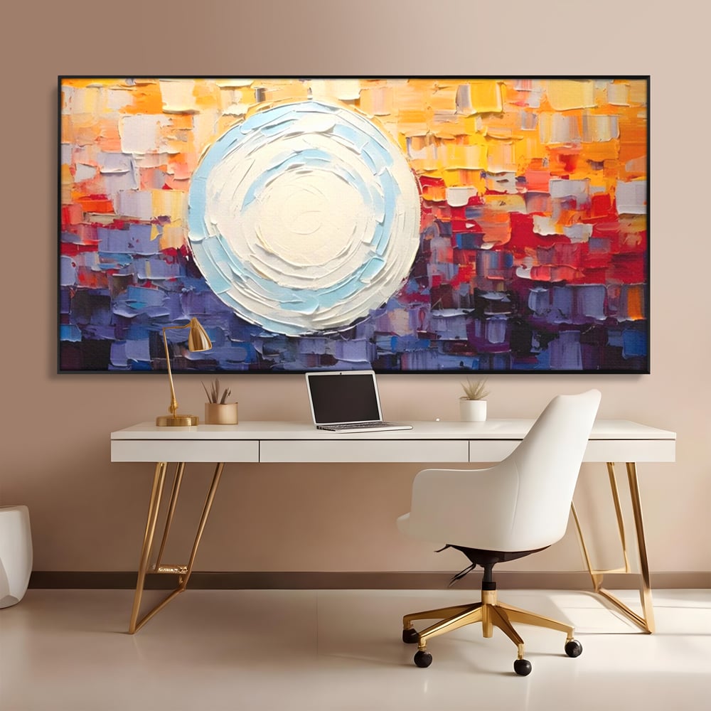 Tablou canvas cu tablou pictat cu sfera alba centrala, in rama de aluminiu negru, pe perete intr-un birou
