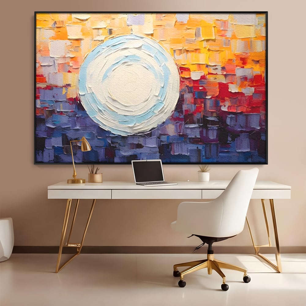 Tablou canvas cu tablou pictat cu sfera alba centrala, in rama de aluminiu negru, pe perete intr-un birou