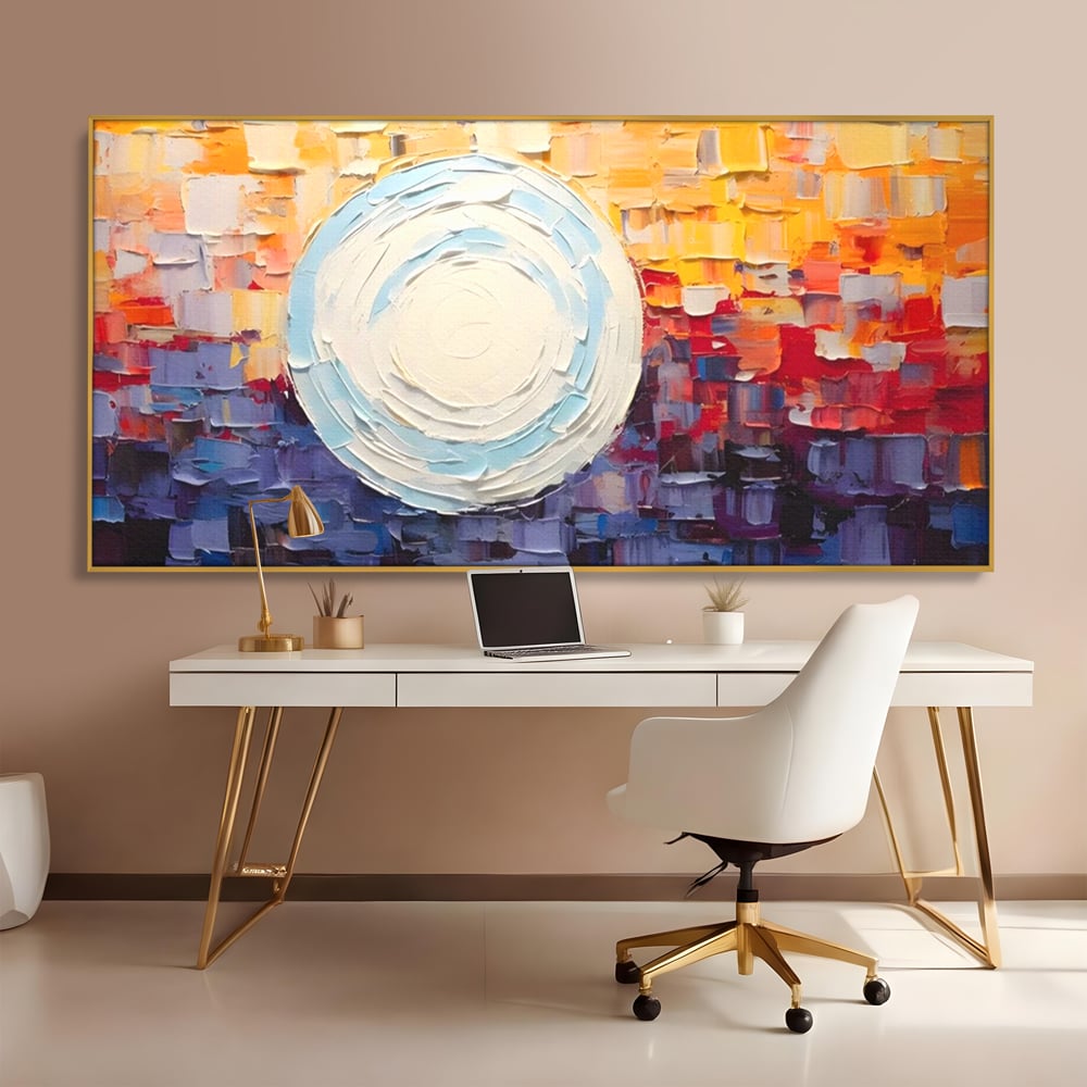 Tablou canvas cu tablou pictat cu sfera alba centrala, in rama de aluminiu auriu, pe perete intr-un birou