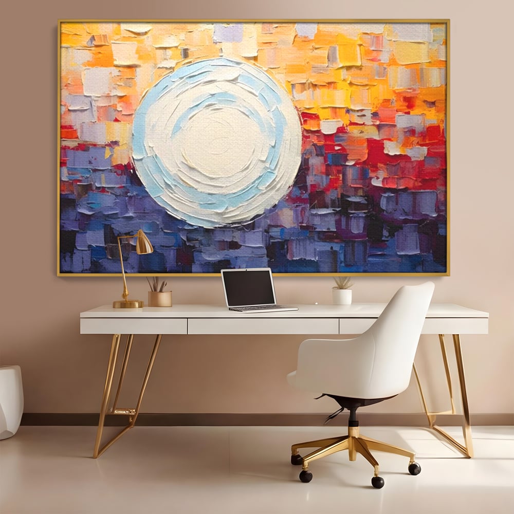 Tablou canvas cu tablou pictat cu sfera alba centrala, in rama de aluminiu auriu, pe perete intr-un birou