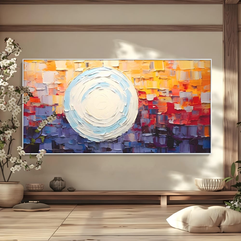 Tablou canvas cu tablou pictat cu sfera alba centrala, in rama de aluminiu argintiu