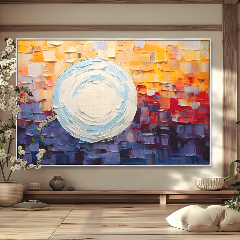 Tablou canvas cu tablou pictat cu sfera alba centrala, in rama de aluminiu argintiu