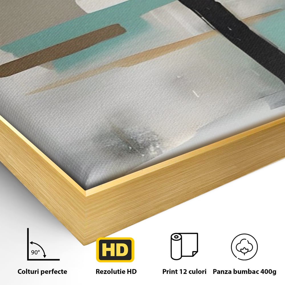 Detaliu al suprafetei: tablou canvas cu forme abstracte, in rama de aluminiu auriu