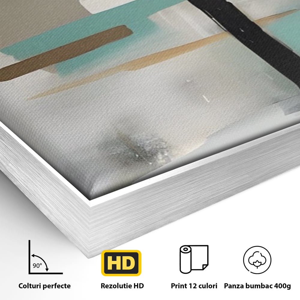 Detaliu al suprafetei: tablou canvas cu forme abstracte, in rama de aluminiu argintiu