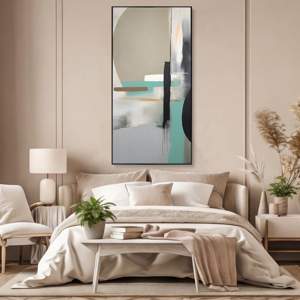 Tablou canvas cu tablou canvas cu forme abstracte, in rama de aluminiu negru, pe perete intr-un dormitor