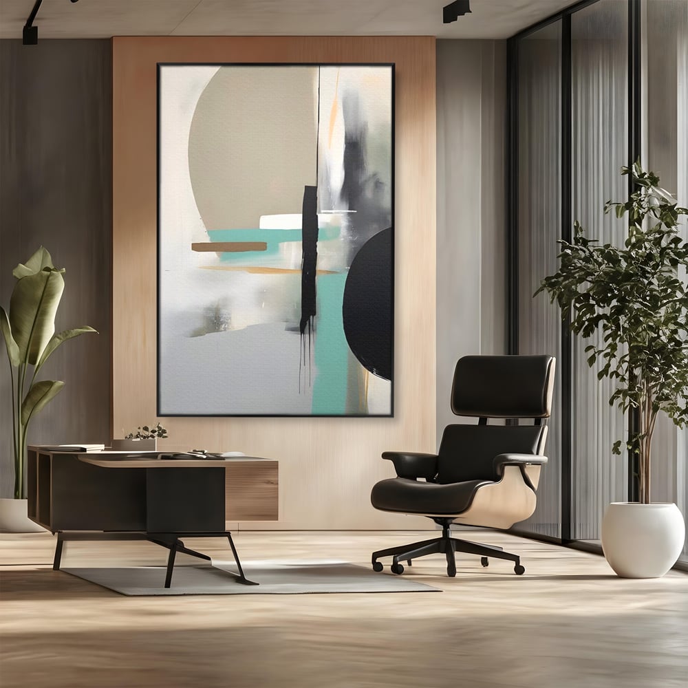 Tablou canvas cu tablou canvas cu forme abstracte, in rama de aluminiu negru, pe perete intr-un birou