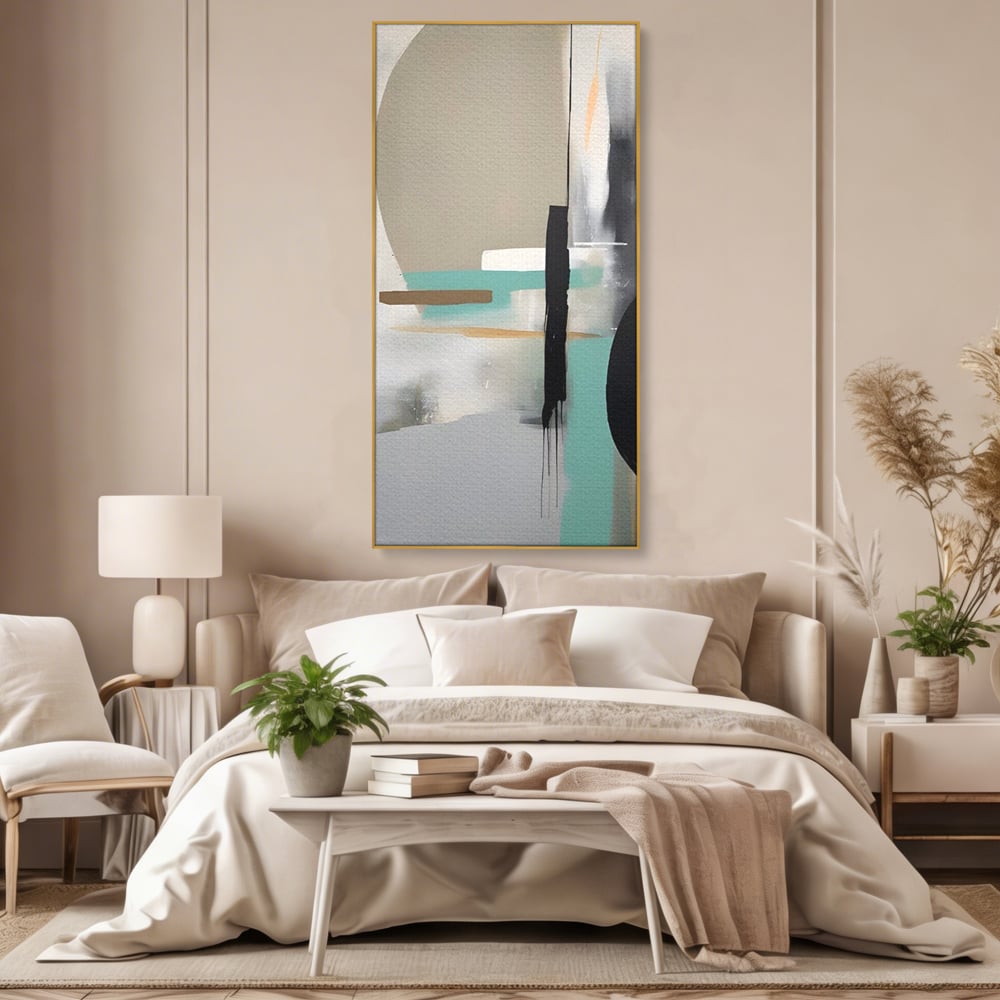 Tablou canvas cu tablou canvas cu forme abstracte, in rama de aluminiu auriu, pe perete intr-un dormitor