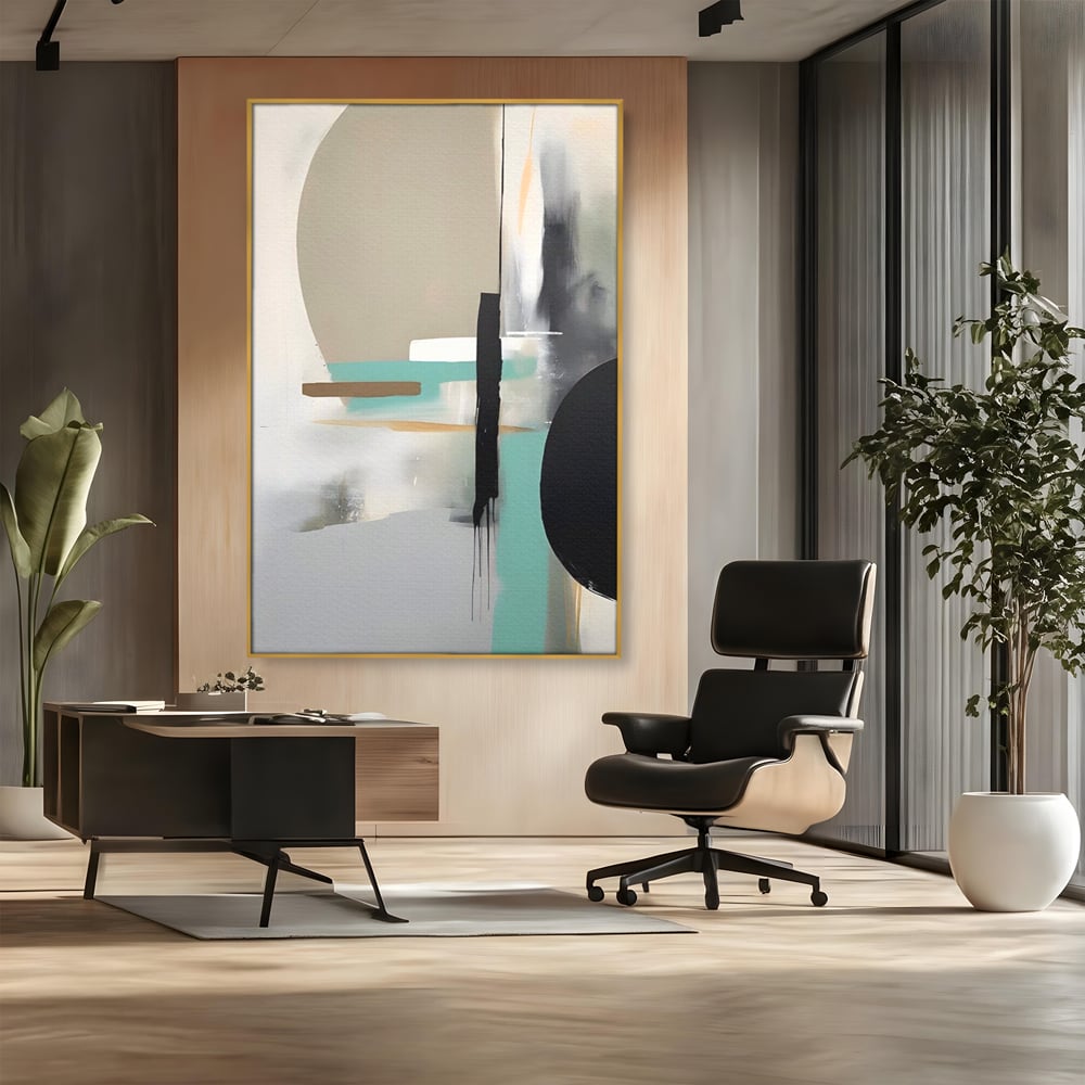 Tablou canvas cu tablou canvas cu forme abstracte, in rama de aluminiu auriu, pe perete intr-un birou