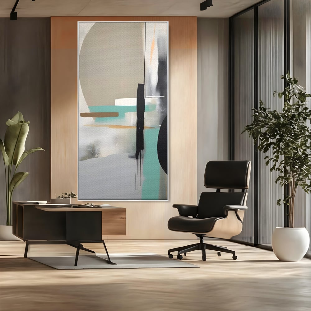 Tablou canvas cu tablou canvas cu forme abstracte, in rama de aluminiu argintiu, pe perete intr-un birou