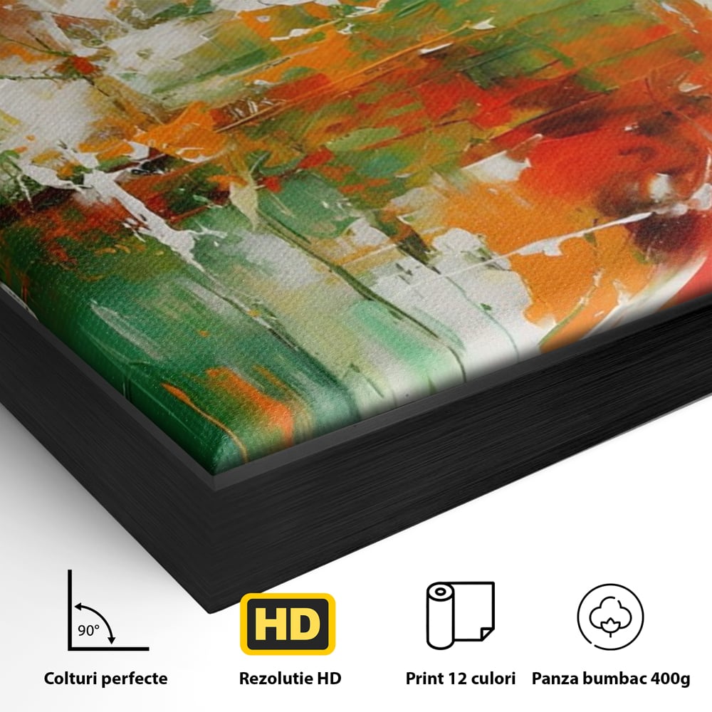 Detaliu al suprafetei: pictura abstracta cu verde si portocaliu, in rama de aluminiu negru