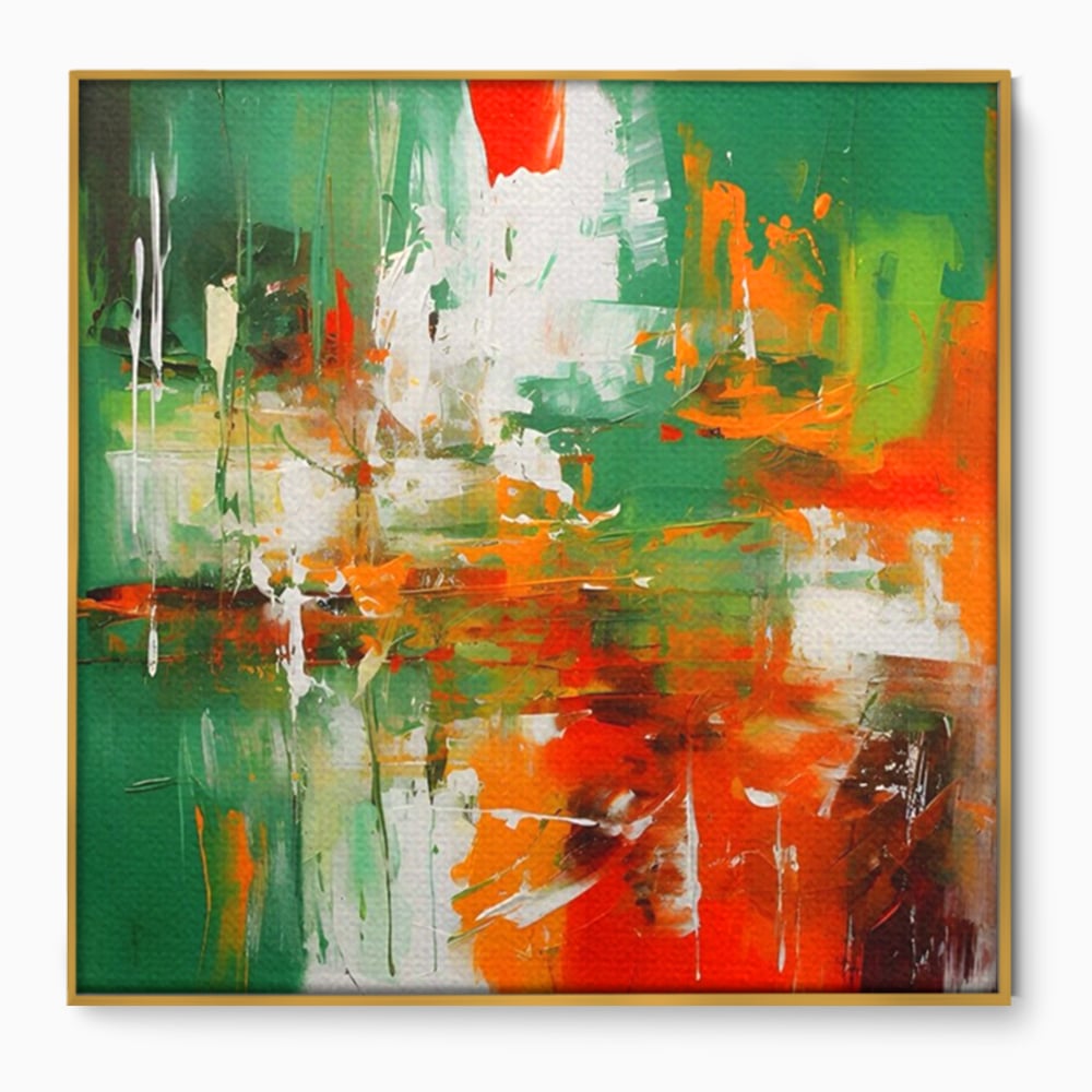 Tablou canvas cu pictura abstracta cu verde si portocaliu, in rama de aluminiu auriu