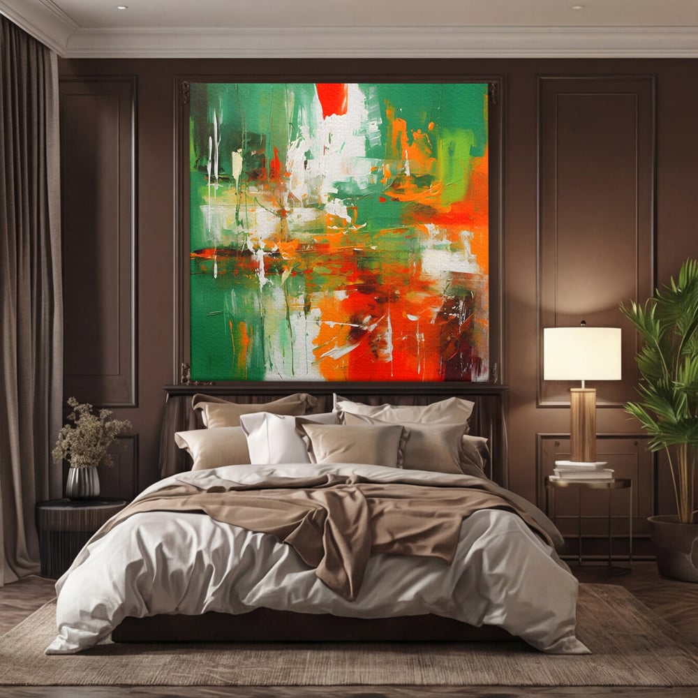 Tablou canvas cu pictura abstracta cu verde si portocaliu, fara rama, pe sasiu de lemn, pe perete intr-un dormitor