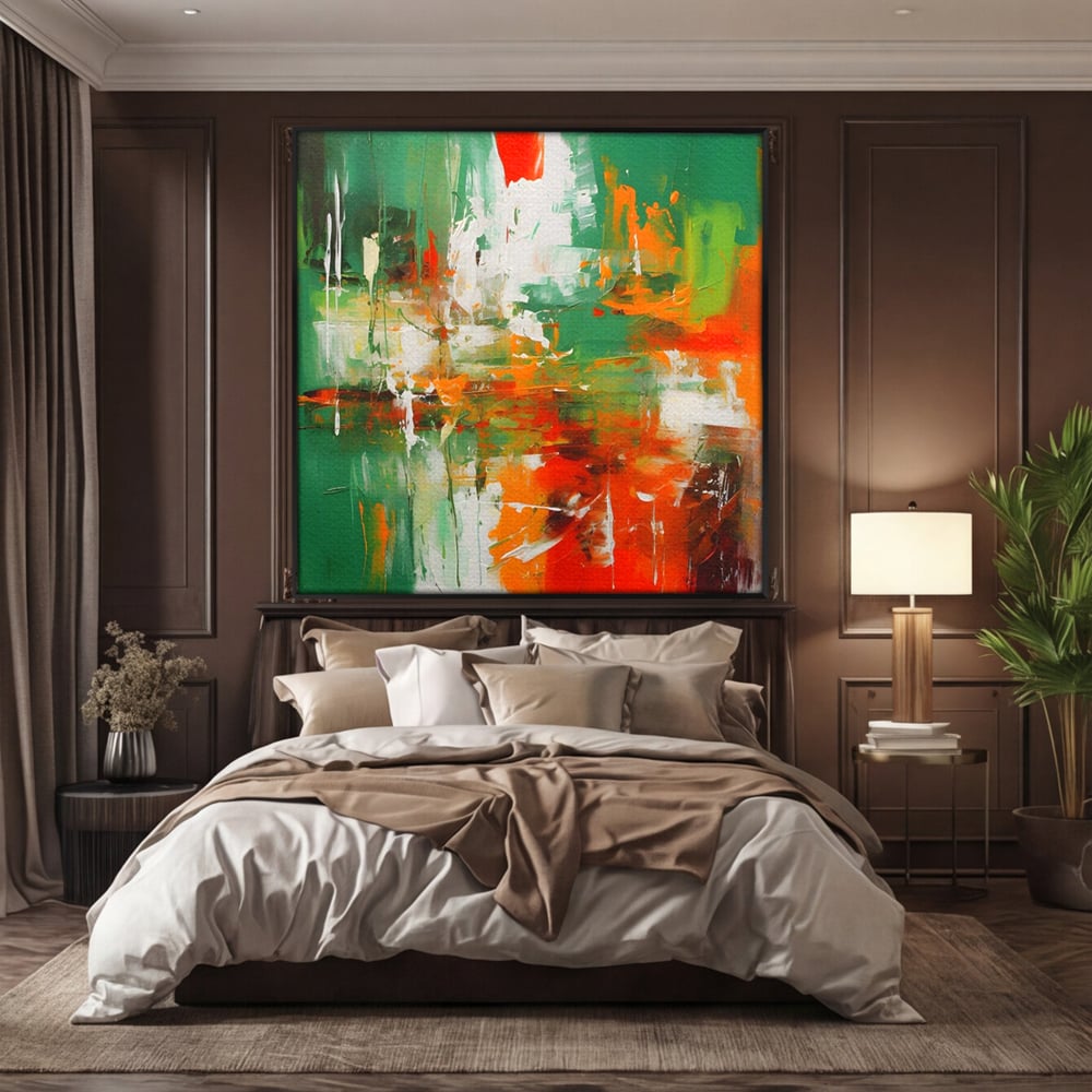 Tablou canvas cu pictura abstracta cu verde si portocaliu, in rama de aluminiu negru, pe perete intr-un dormitor