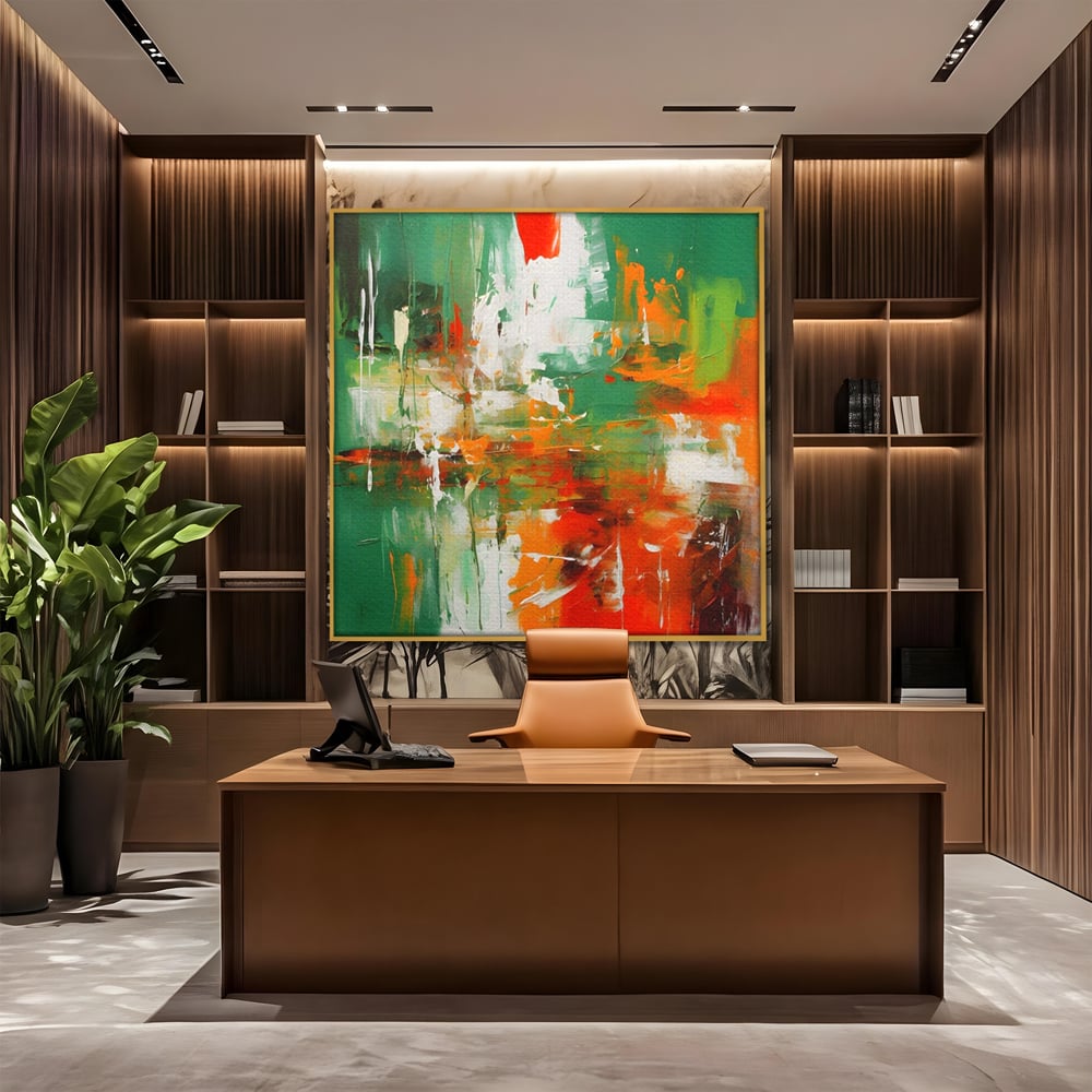 Tablou canvas cu pictura abstracta cu verde si portocaliu, in rama de aluminiu auriu, pe perete intr-un birou
