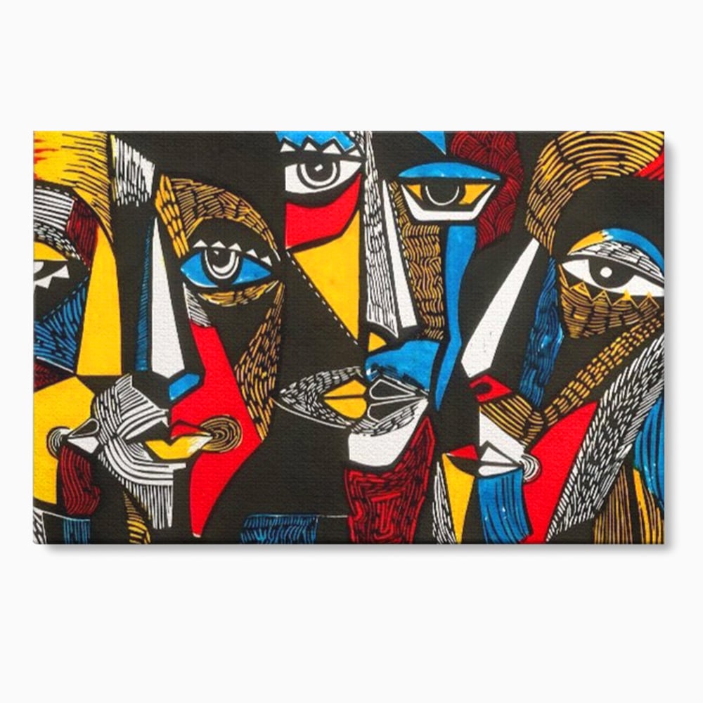 Tablou canvas cu tablou abstract cu fete colorate, fara rama, pe sasiu de lemn